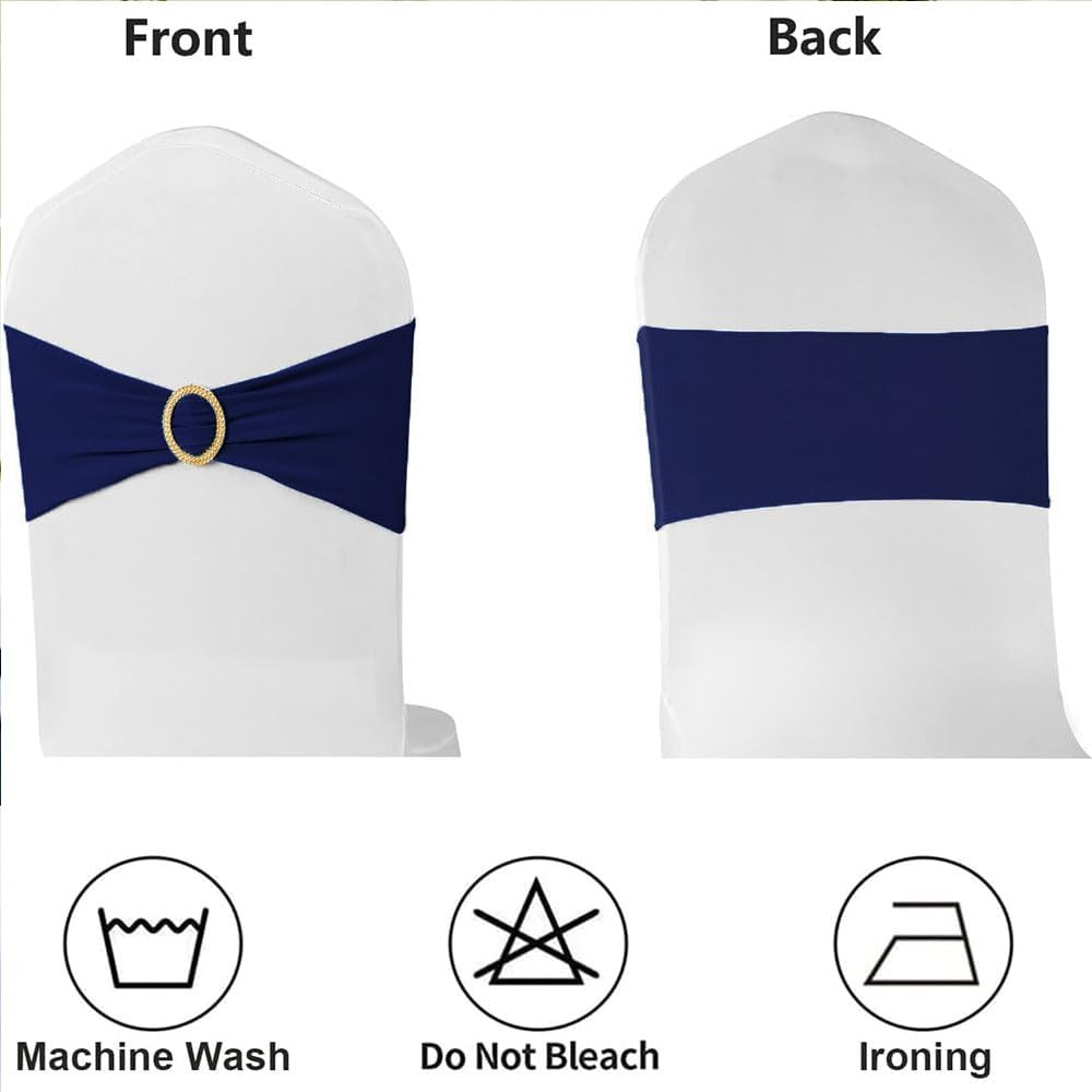 Skiennix 50 Pack Navy Blue Chair Sashes - Spandex Bands with Gold Buckle Slider for Events & Décor
