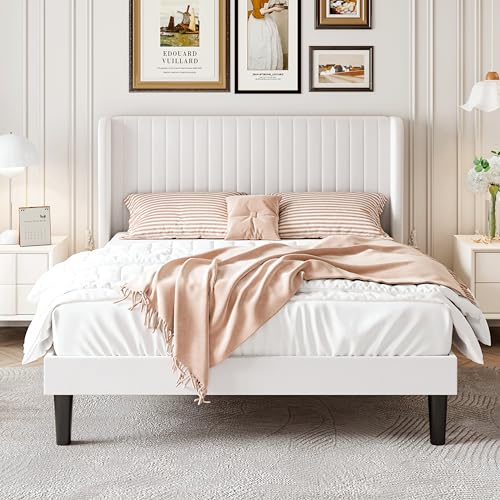 Full Size Velvet Platform Bed Frame with Wingback Headboard, White