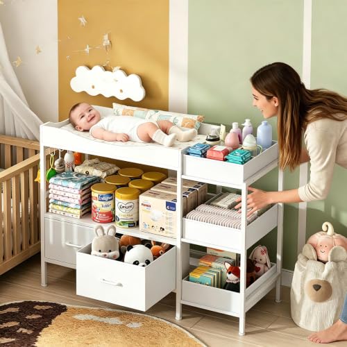 Baby Changing Table with Storage, Nursery Dresser with Drawers & Shelves