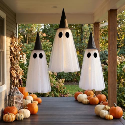 Outdoor Halloween Hanging Ghost Lights with Remote - Set of 3 LED Witch Decor