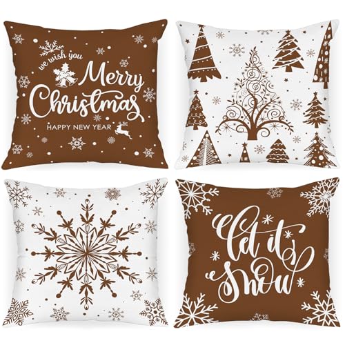 Lanpn 18x18 Christmas Throw Pillow Covers Set of 4, Brown Merry Xmas Snowflake Holiday Cushion Cases
