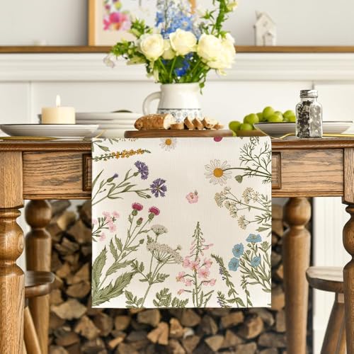 Artoid Mode Wildflowers Herb Spring Table Runner 13x90 Inch Beige Home Decor