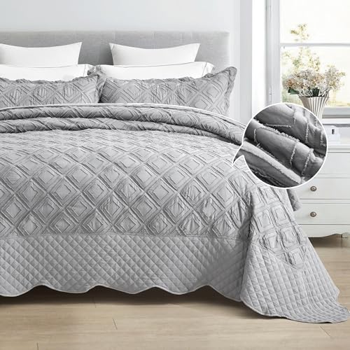 Oversized King Bedspread Set, Grey Diamond Tufted Coverlet