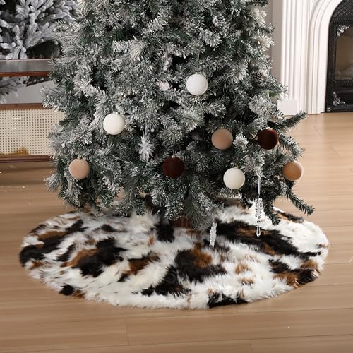 Halloscume 48 Inch Faux Fur Christmas Tree Skirt – Thick Western Cow Print, Open Design