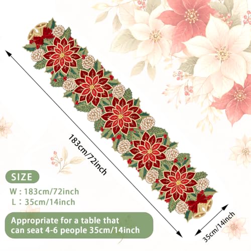 Ritgssi Christmas Tree Table Runner 14x72 in Red Floral Embroidery