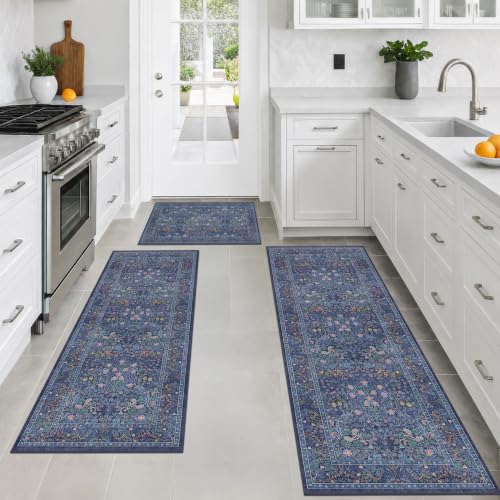 3-Piece Vintage Floral Kitchen Rug Set, Non-Slip Washable Runner Mats