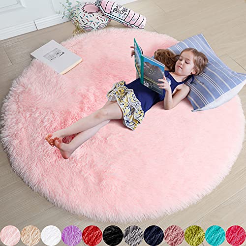 Pink Round Fluffy Area Rug 4ft - Soft Non-Slip Plush Shag Nursery Carpet