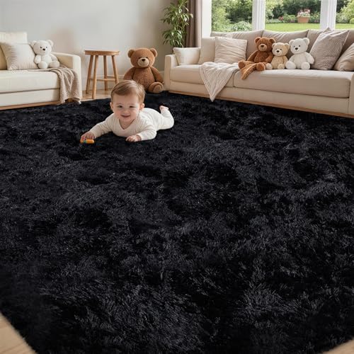 8x10 Black Fluffy Shag Area Rug, Ultra Soft Plush Carpet for Living Room