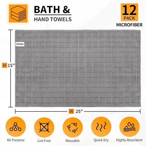 12-Pack Microfiber Hand Towels, 25 x 15 Inch Quick-Dry Grey Washcloths