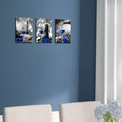 Wine Rose Artwork for Home Walls - Black and White With Blue Wine Painting - Dining Room Decor - Stretched 16x24 Inch