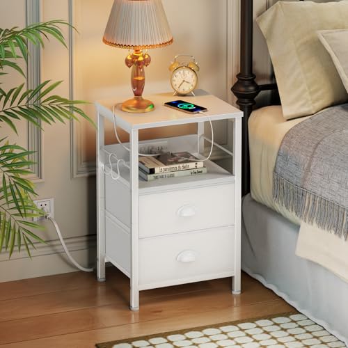 White End Table with Charging Station, 2 Fabric Drawers & USB Ports