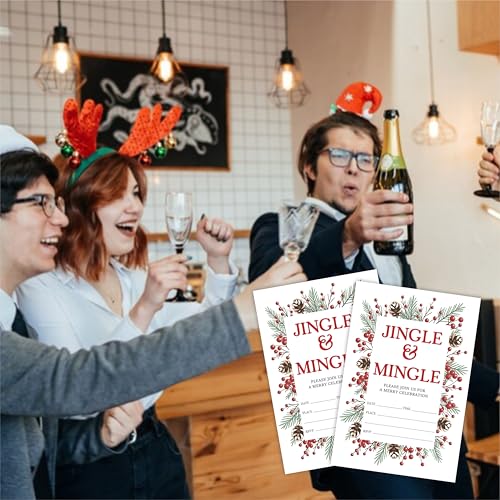 Jingle & Mingle Christmas Invitation Cards with Envelopes - Greenery, Fill-In Style, Pack of 20