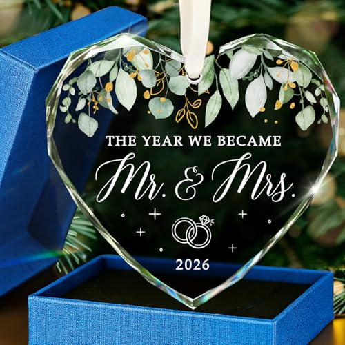 Mr & Mrs 2026 Heart Glass Ornament - Newlywed Wedding Gift Keepsake