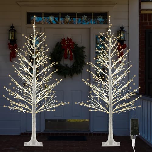 Set of 2 4FT Birch Tree with 500 Warm White LEDs - White Trees, 2-Pack, Auto Timer (6H/18H)