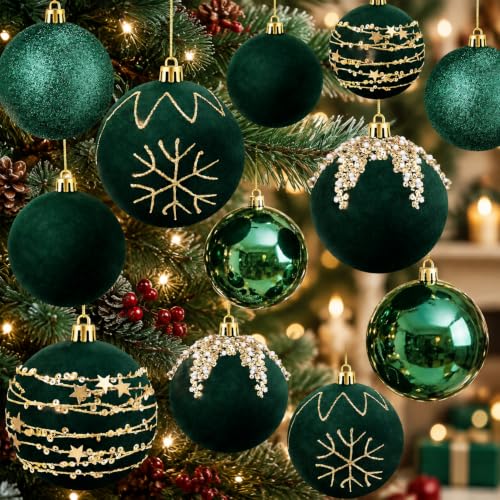 Syhood Dark Green Velvet Christmas Ball Ornaments Set - 12 Pcs 3.15 Inch Holiday Decor