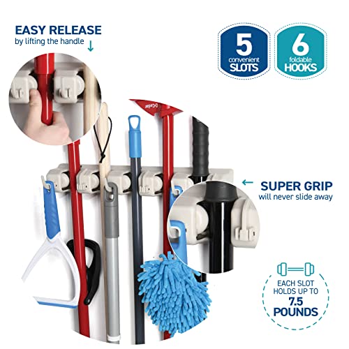 Broom and Mop Holder Wall Mount Garage Organizer with 5 Slots and 6 Hooks