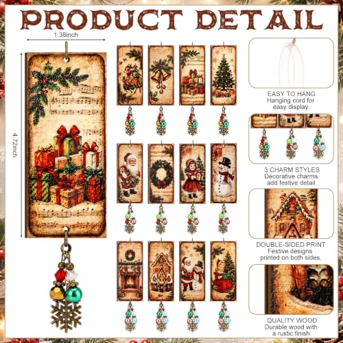 Kigeli 12-Pack Vintage Wooden Christmas Ornaments - Double-Sided Rustic Snowman, Santa, Reindeer & More