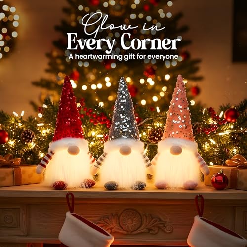 3-Pack Lighted Christmas Gnomes Plush Decor - 12" LED Scandinavian Santa