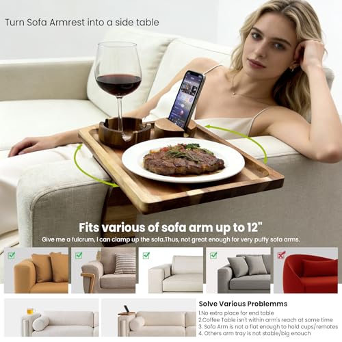 360° Rotating Acacia Wood Sofa Arm Tray with Cup Holder & Phone Stand