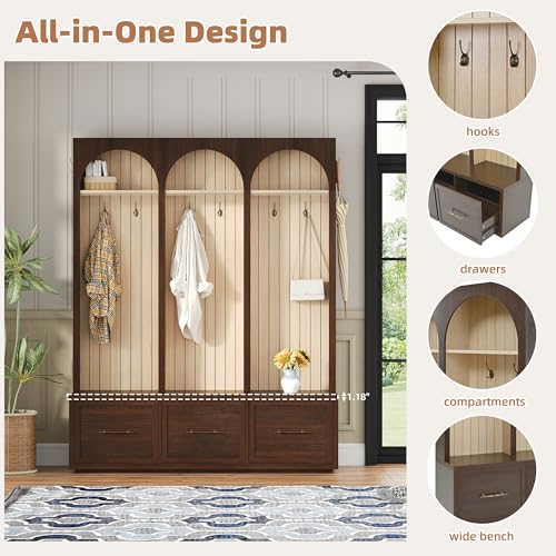 Farmhouse Hall Tree with Shoe Bench, 3 Drawers and 8 Coat Hooks, Walnut