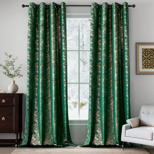 Chorowl Green and Gold Velvet Curtains 52x90 in (Pack of 2) - Gilded Foil Print Living Room