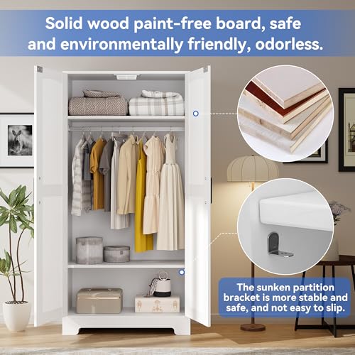 Freestanding Wooden Wardrobe Closet with Hanging Rod and Adjustable Shelves