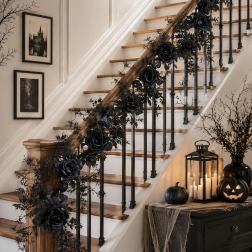 Artificial Black Rose Garland 2-Pack - 6.5ft Silk Vine Gothic Decor