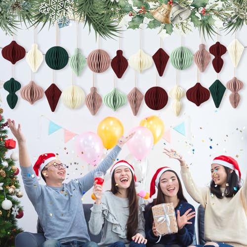24 Pcs Christmas Honeycomb Ornaments - 3D Holiday Decorations for Xmas Tree & Party