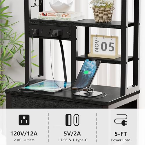Tall Nightstand with Charging Station, 3 Drawers, Shelves & LED Lights