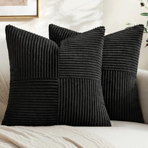 Black Corduroy Throw Pillow Covers 18x18 Inch, Set of 2 Patchwork Cushion Cases