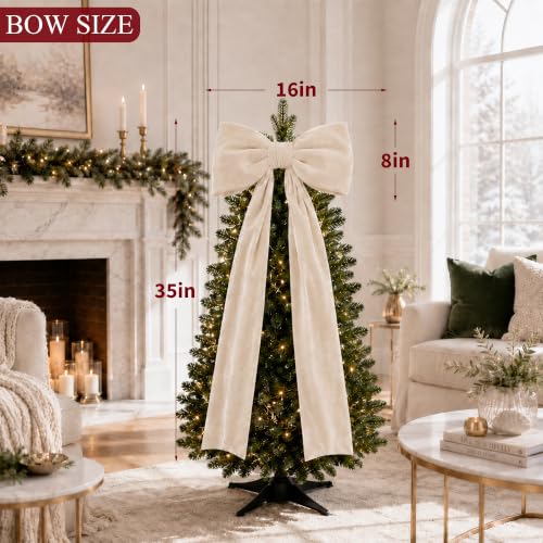 Senjie Extra-Large Beige Velvet Christmas Tree Topper Bow 16in x 35in