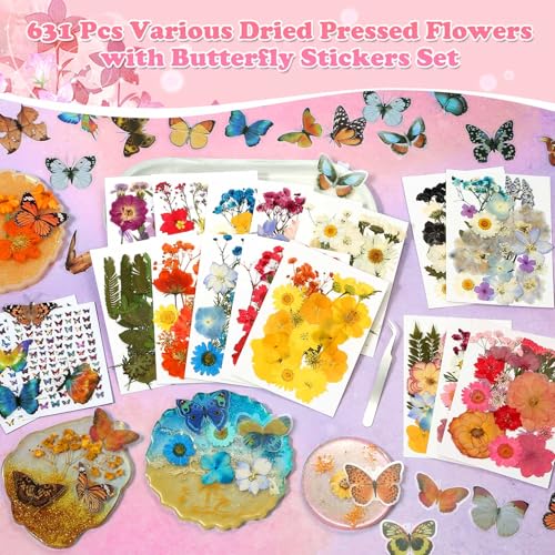 630 Pcs Dried Pressed Flowers and Butterfly Stickers Set for DIY Crafts