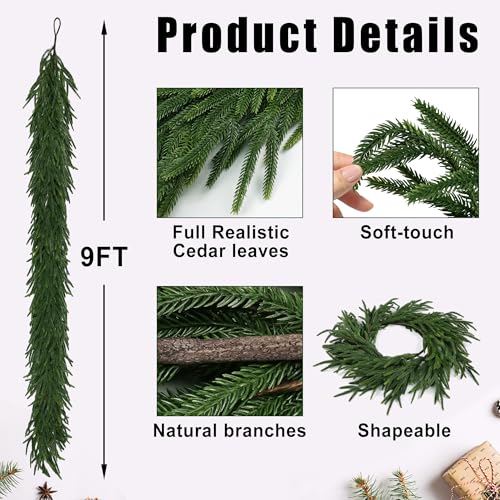 9 FT Realistic Cedar Christmas Garland, Pine Green Artificial Garlands for Indoor Outdoor Décor - MDSTBN