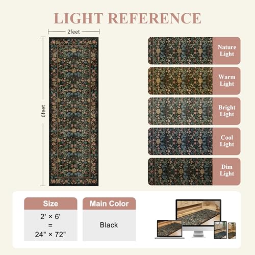 2x6 Washable Vintage Floral Runner Rug, Non-Slip Low Pile Boho Carpet