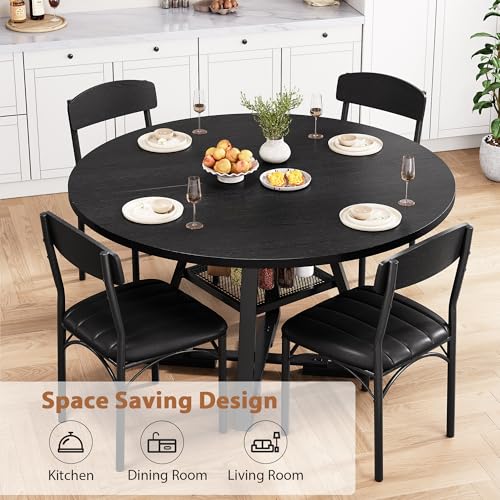 5-Piece Round Dining Table Set for 4 with Storage Shelf, 42-Inch Black