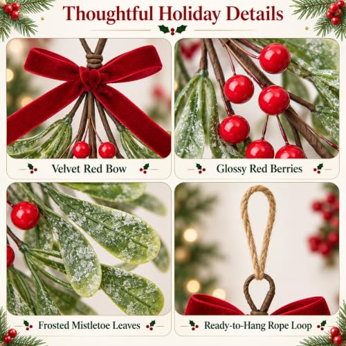 Mistletoe Hanging Decoration with Velvet Bow & Red Berries - 1Pcs, Worthyeah (Classic)
