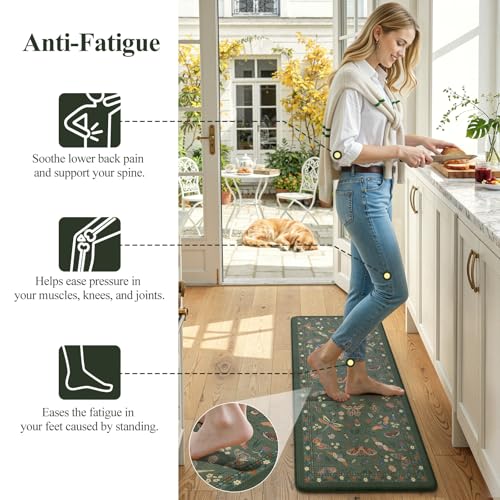 Anti-Fatigue Kitchen Mat Set, Cushioned Waterproof Sage Green Rugs 2-Piece