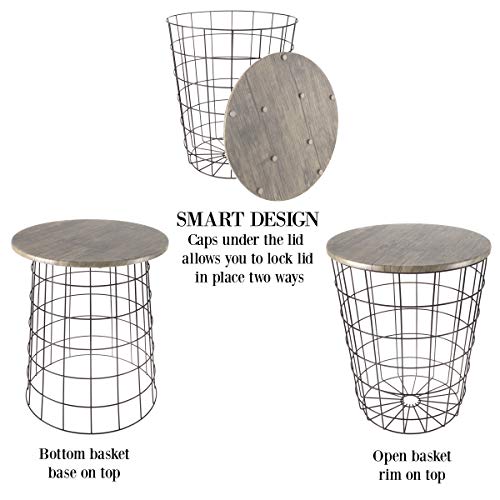 Round Nesting End Tables Set of 2 with Storage Basket and Wood Lid