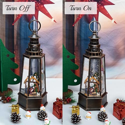 SMOOTHWIND 13.5'' Christmas Nativity Snow Globe Lantern WGL-BLJ - Retro Lighthouse, USB/Battery Powered, Music & Light