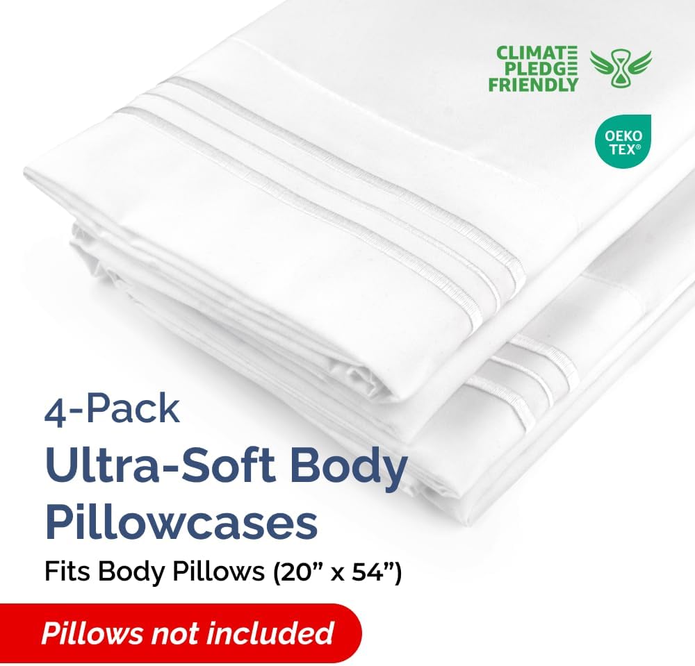 Skiennix Body Pillowcases Set of 4 | Soft 20x54 Long Pillow Covers for Side Sleepers - Breathable & Fade Resistant - Machine Washable, Envelope Enclosure - White