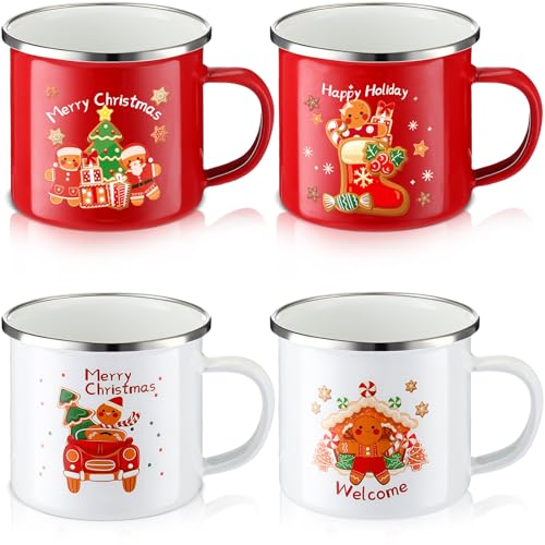 Christmas Enamel Coffee Mug Set - 8.5oz Gingerbread Holiday Drinkware, Pack of 4