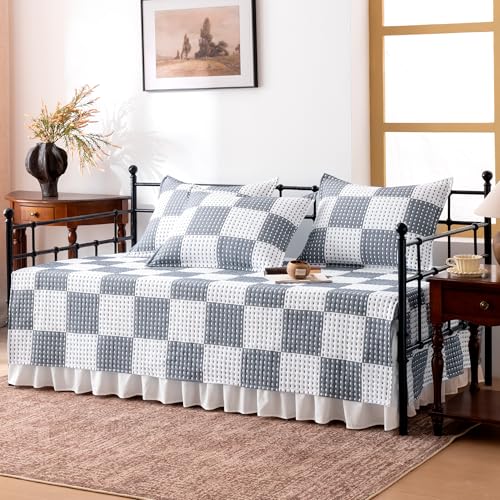 5-Piece Jacquard Daybed Cover Set with Bedskirt & Pillow Shams, Navy