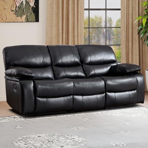 3-Seat Faux Leather Manual Reclining Sofa with Drop-Down Table and Cup Holders