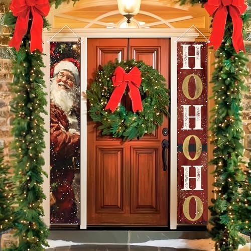 Christmas Door Banner with Santa & 'Ho Ho Ho' - 2 Pack Holiday Porch Decorations