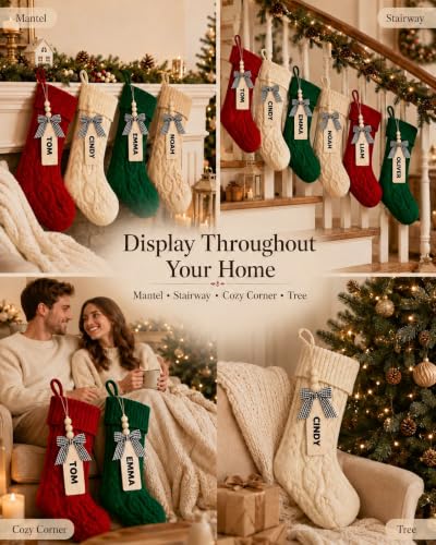 Personalized Knit Christmas Stockings with Wood Name Tags - 18 Inch Set of 4