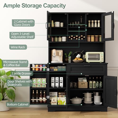 68-inch Kitchen Pantry Cabinet with Microwave Stand and Wine Rack
