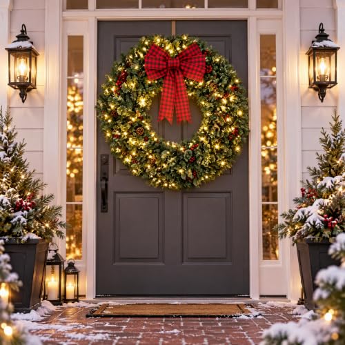 NicBex 48-Inch Crestwood Spruce Christmas Wreath with Bow & Lights, Green & Red