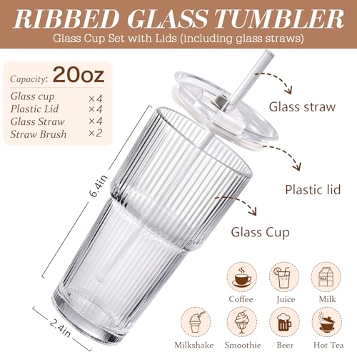 20 oz Ribbed Glass Iced Coffee Cups with Lids and Straws - Set of 4