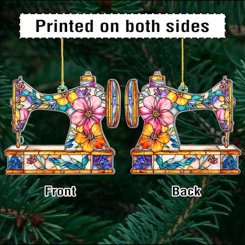 RosaTeeStore Faux Stained Glass Sewing Machine Ornament - Christmas Decoration, Sewing Gift, Hanging Holiday Decor (Sewing Ornament)