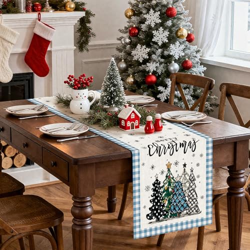 OTOSTAR Buffalo Plaid Christmas Table Runner 13x90in - Light Blue Snowflake Tree Holiday Farmhouse Kitchen Decor